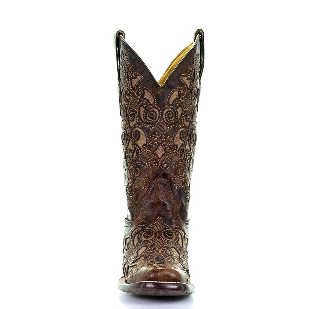 Corral | Inlay with Studs & Embroidery SQ. Toe | Brown - Outback Traders Australia