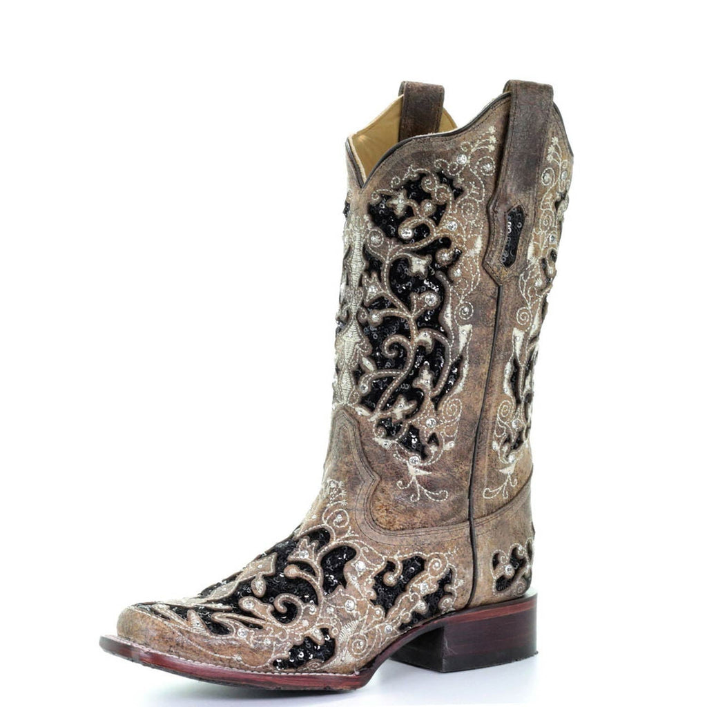 Corral | Black Sequin Inlay with Studs & Crystals SQ Toe | Brown - Outback Traders Australia