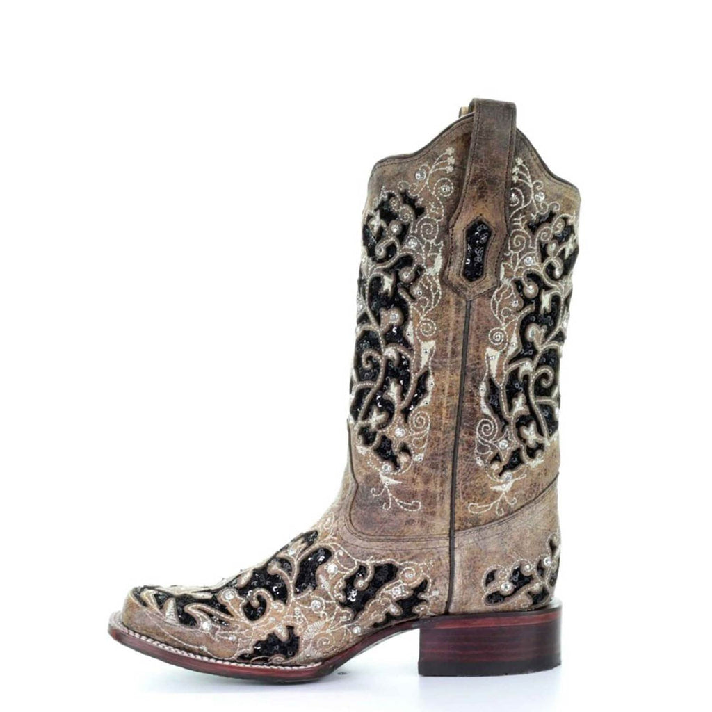 Corral | Black Sequin Inlay with Studs & Crystals SQ Toe | Brown - Outback Traders Australia