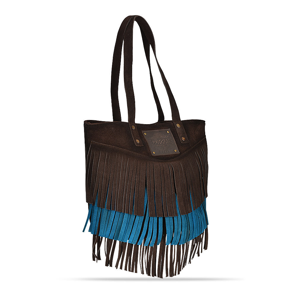 Corral Chocolate Turquoise Zipper & Fringes Purse - Outback Traders Australia