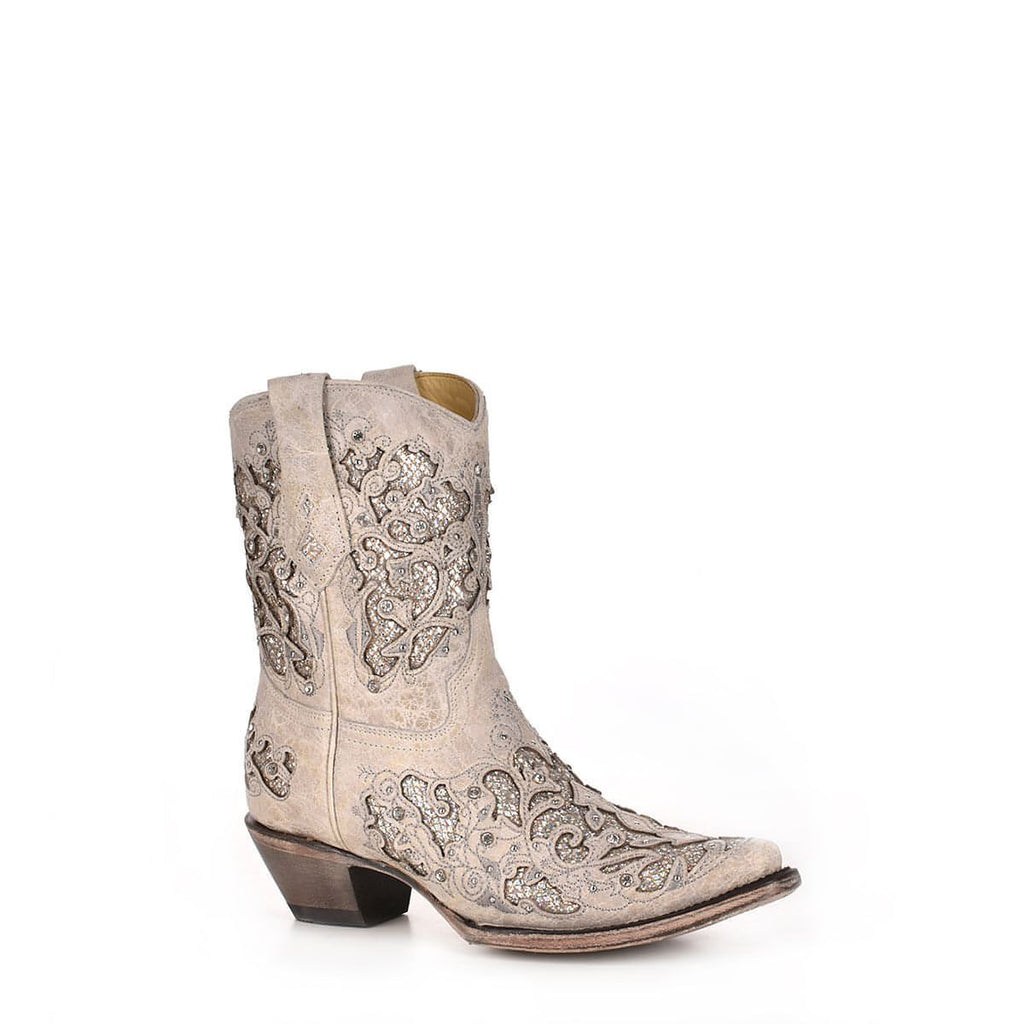 Corral | Glitter Inlay & Crystals Ankle Boots |  White - Outback Traders Australia